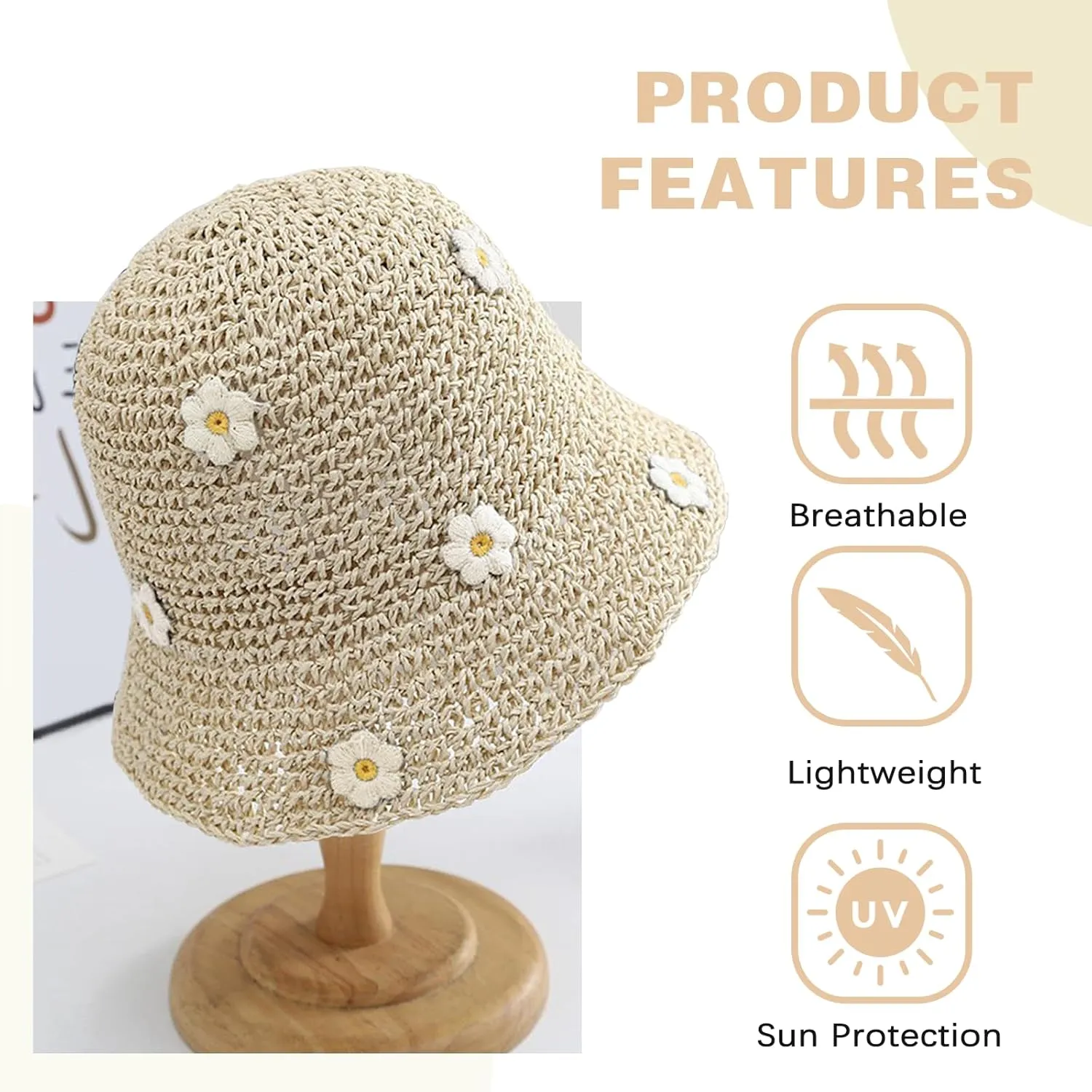 Straw Bucket Hat for Women Foldable Sun Hat Wide Brim Flower Beach Hat Floppy Bucket Hat