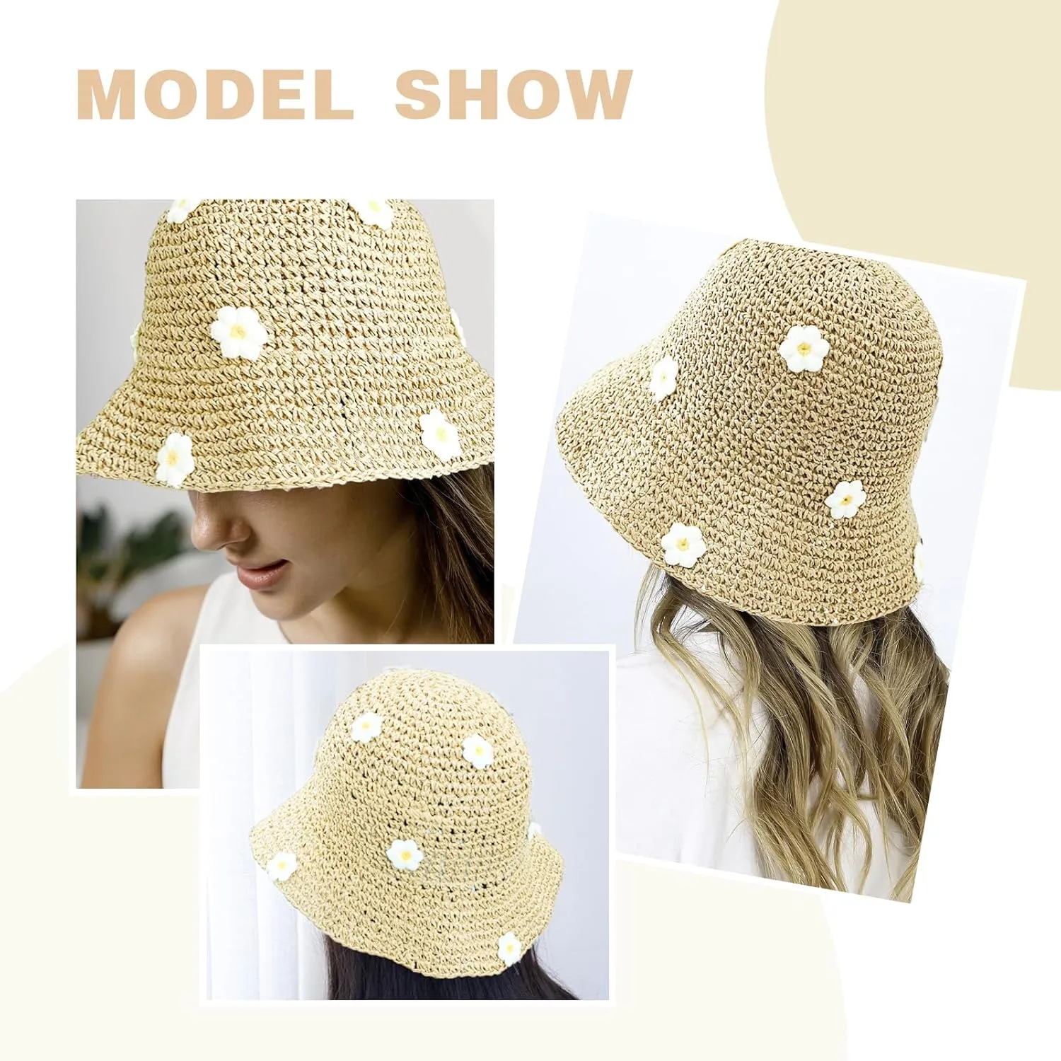 Straw Bucket Hat for Women Foldable Sun Hat Wide Brim Flower Beach Hat Floppy Bucket Hat