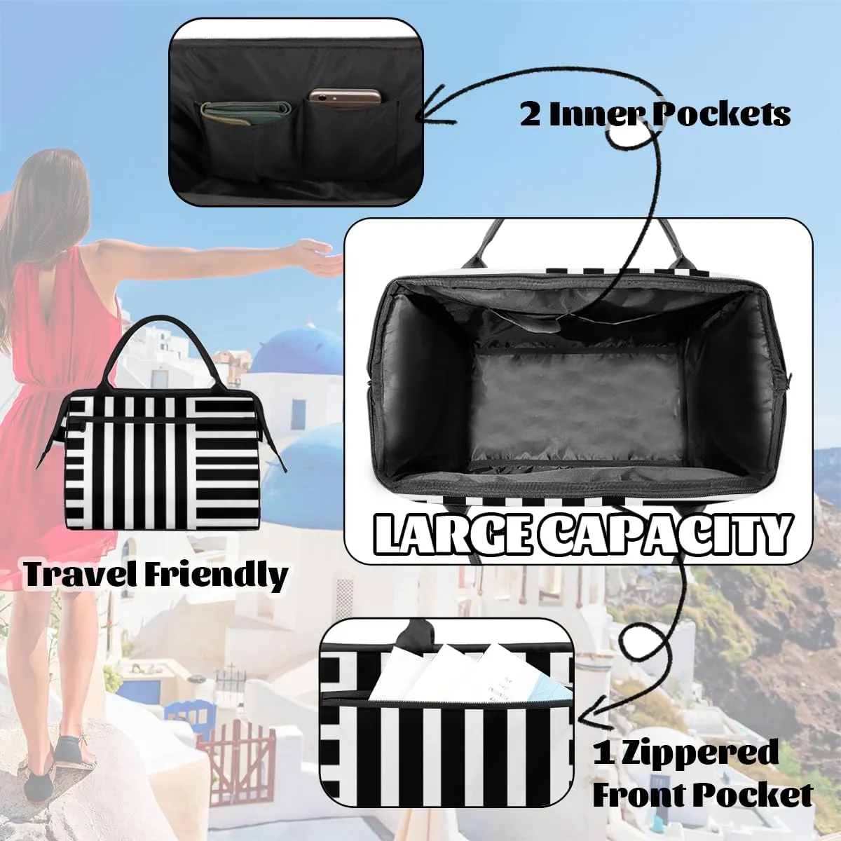 Stripes Black And White Small Overnight Weekender Tote Bag for Women Men Foldable Travel Duffel Bags Lightweight Sports Gym Bag Waterproof Carry On Luggage Weekender Bag for Traveling Gifts