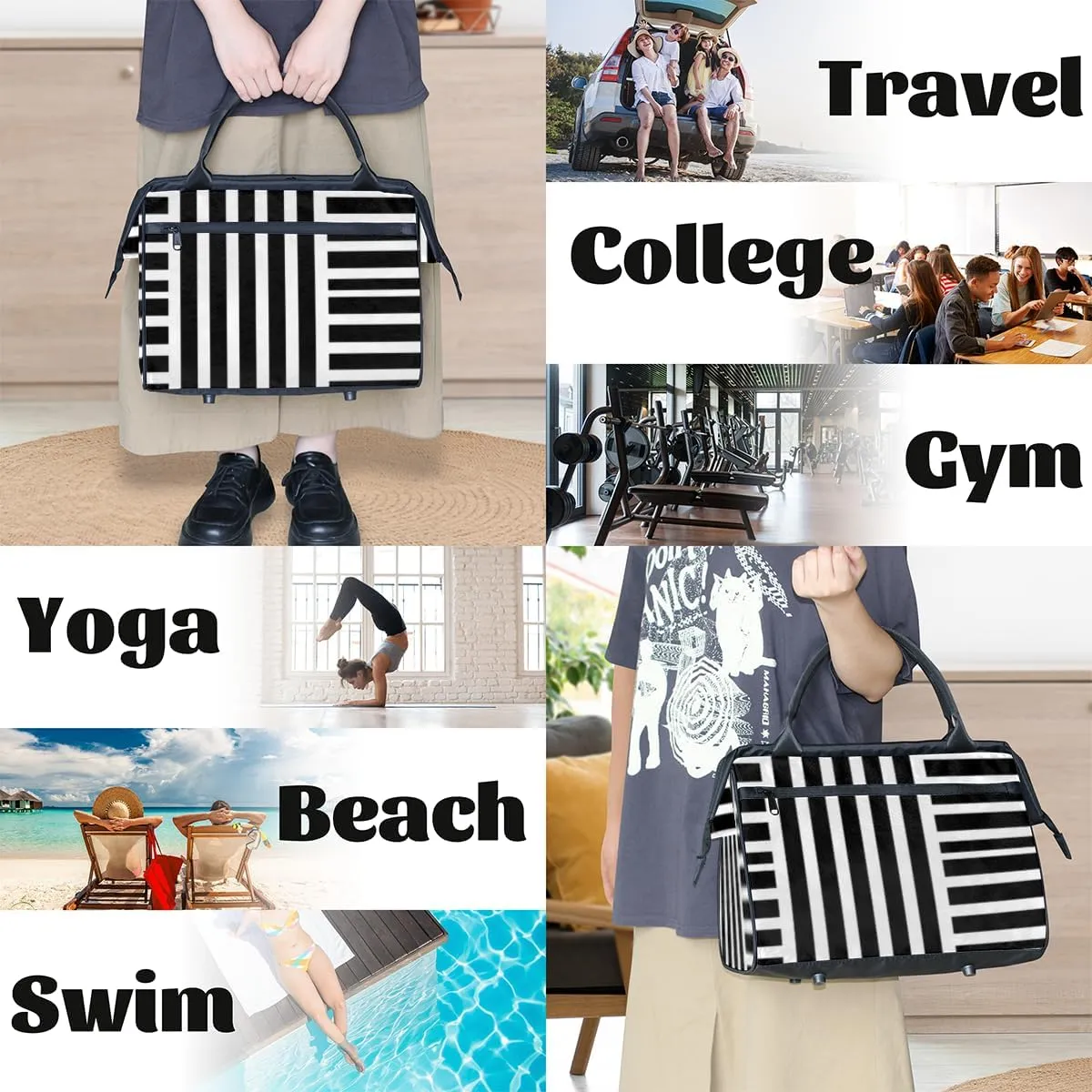 Stripes Black And White Small Overnight Weekender Tote Bag for Women Men Foldable Travel Duffel Bags Lightweight Sports Gym Bag Waterproof Carry On Luggage Weekender Bag for Traveling Gifts
