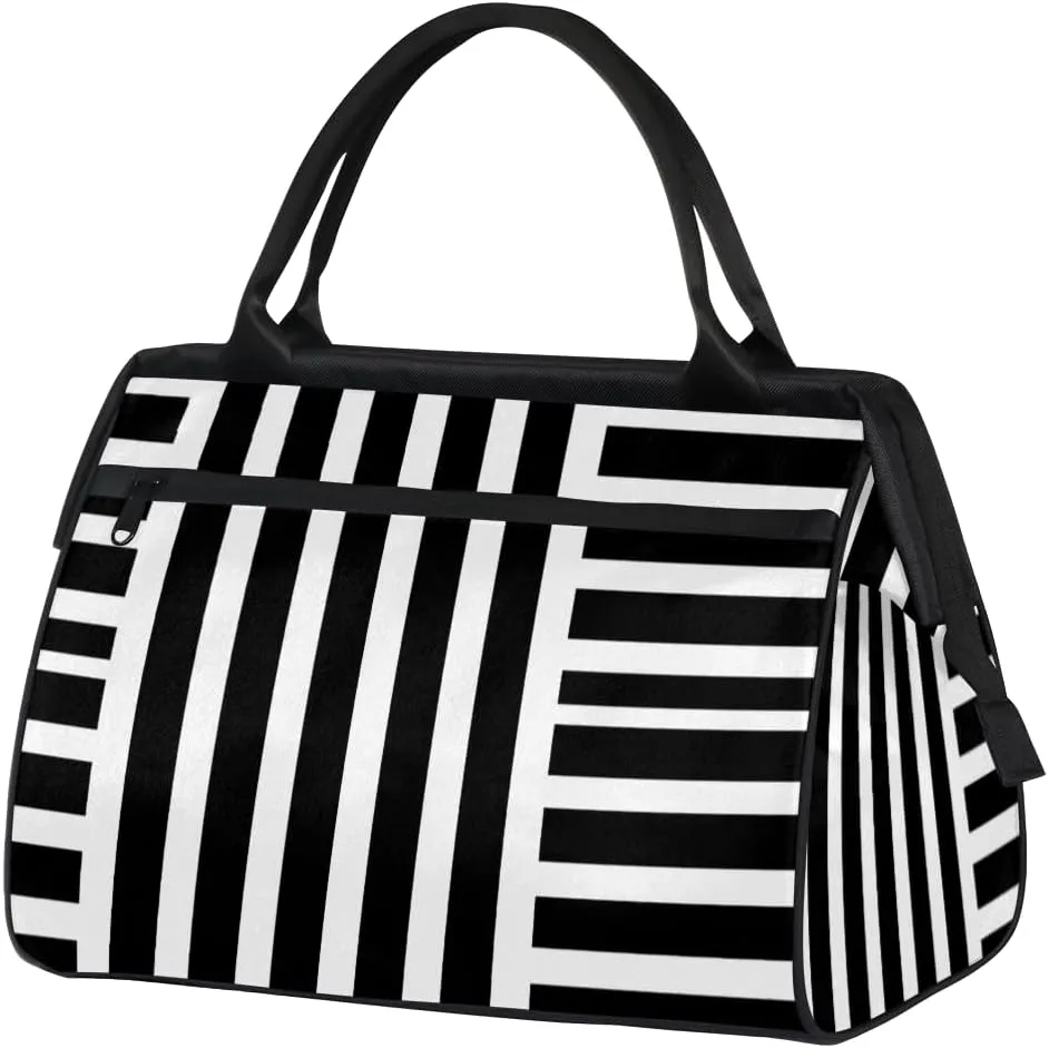 Stripes Black And White Small Overnight Weekender Tote Bag for Women Men Foldable Travel Duffel Bags Lightweight Sports Gym Bag Waterproof Carry On Luggage Weekender Bag for Traveling Gifts