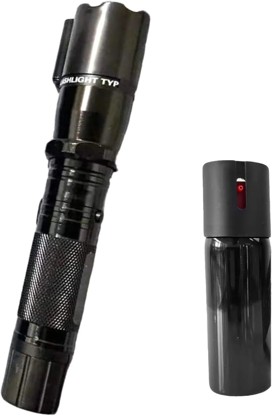 Stun Gun Flashlight and Pepper Spray Combo – Rechargeable Arc Device with LED Light and Compact Gel Spray for Daily Carry