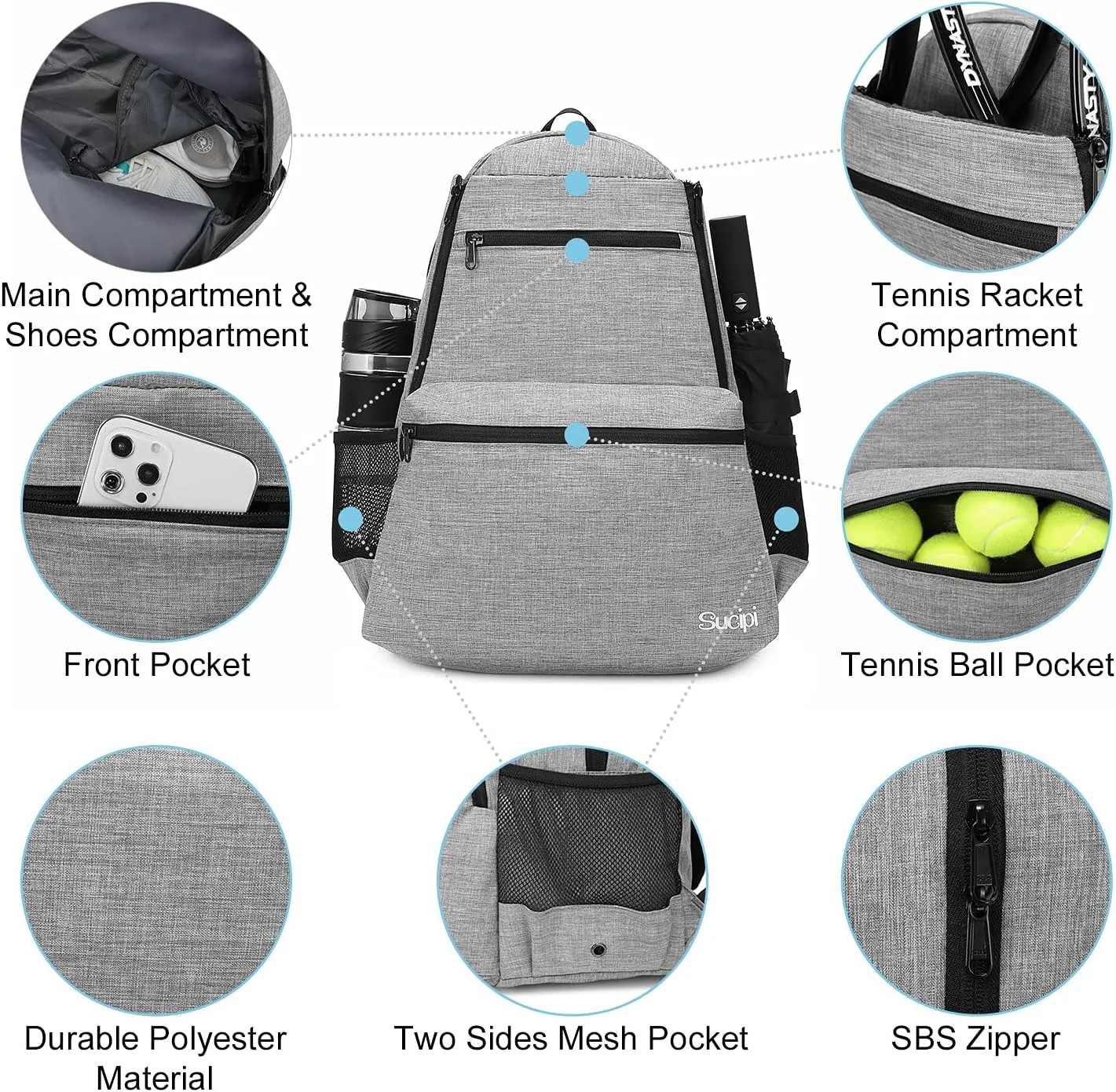 Sucipi Tennis Bag Professional Tennis Backpack for Men and Women Racket Bags Holds 2 Rackets with Ventilated Shoe Compartment