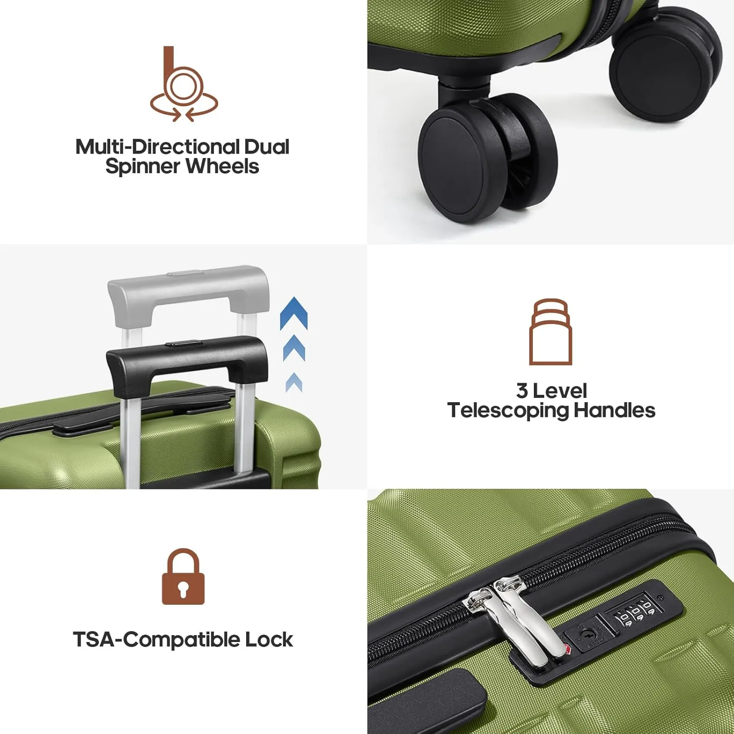 Suitcase Set 3 Piece, 20 IN Carry On Luggage with PC Hard Shell, TSA Lock Spinner Wheels Extension Handle Suitcase Set, Luggage Set With Fully Lined Interior