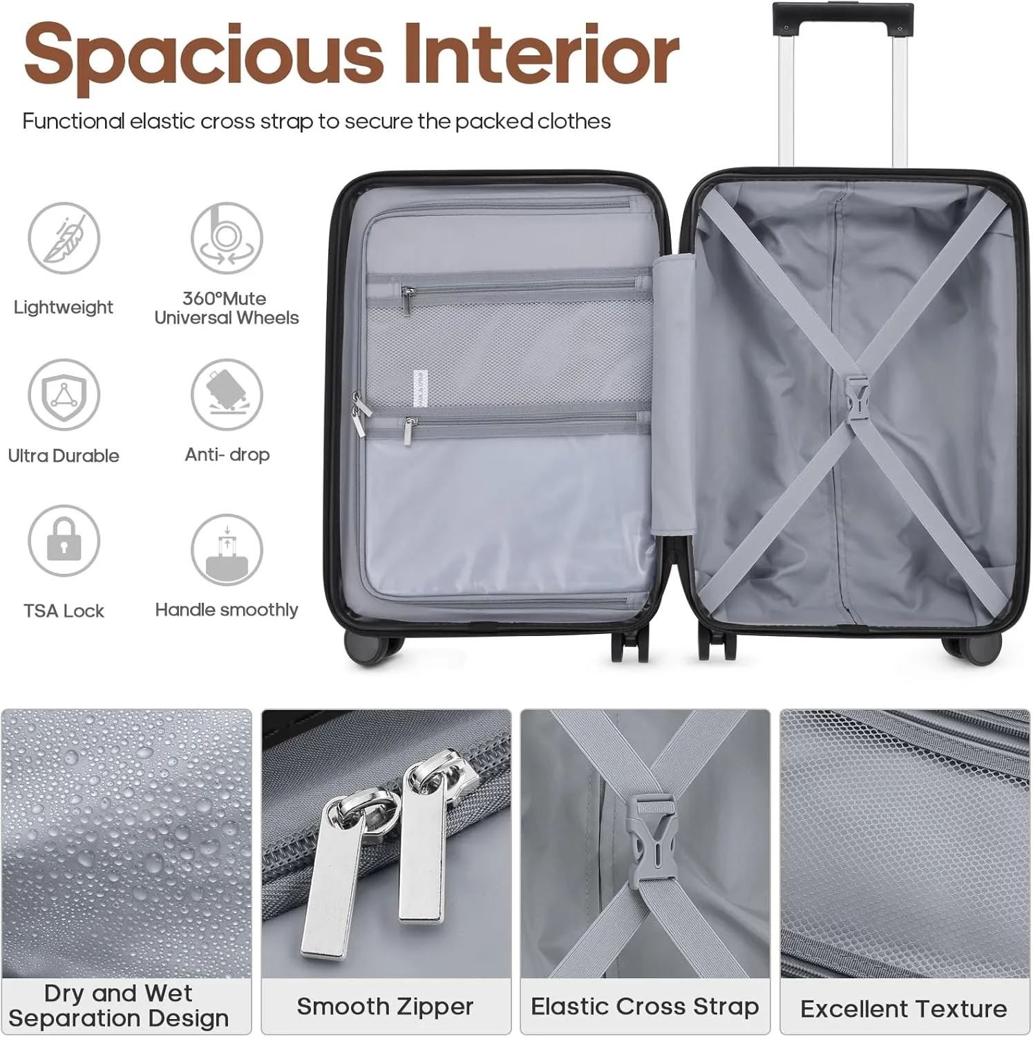 Suitcase Set 3 Piece, 20 IN Carry On Luggage with PC Hard Shell, TSA Lock Spinner Wheels Extension Handle Suitcase Set, Luggage Set With Fully Lined Interior