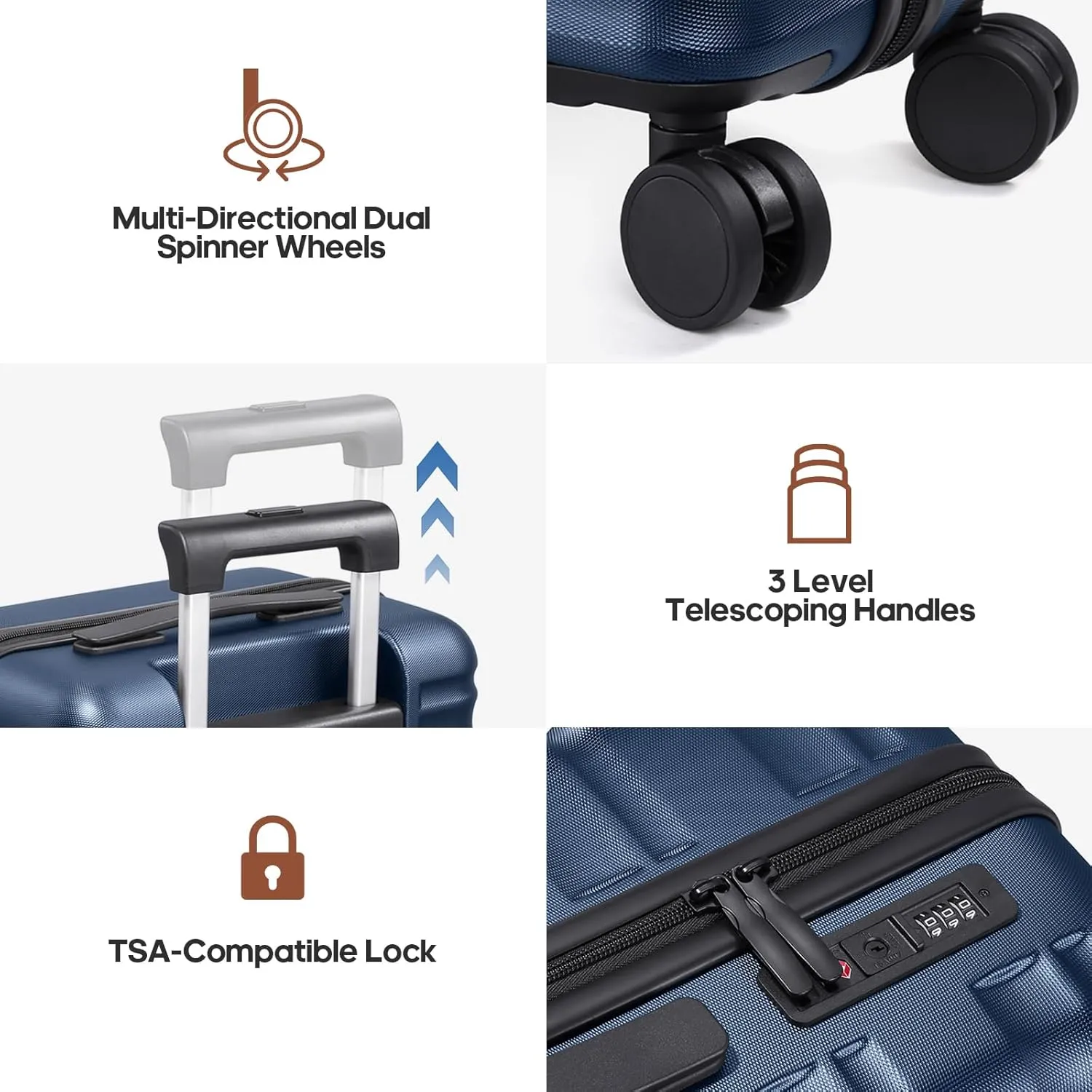 Suitcase Set 3 Piece, 20 IN Carry On Luggage with PC Hard Shell, TSA Lock Spinner Wheels Extension Handle Suitcase Set