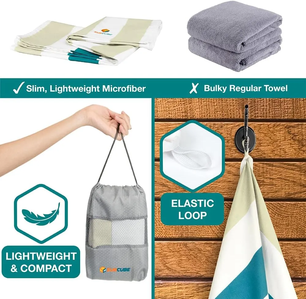 SUN CUBE Microfiber Beach Towel, Quick Dry Sand Free Beach Towel, Lightweight, Compact for Travel Swim Sports Camping, Packable Sand Resistant Towel Adult - Beige Cream 78x35 Inches