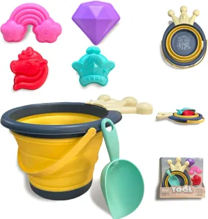 SupMLC Collapsible Beach Toys for Kids Toddlers, 6 pcs Sand Toys Foldable Sand Buckets, Shovels with Sand Molds, Travel Sandbox Toys for Toddlers Kids Age 3-10