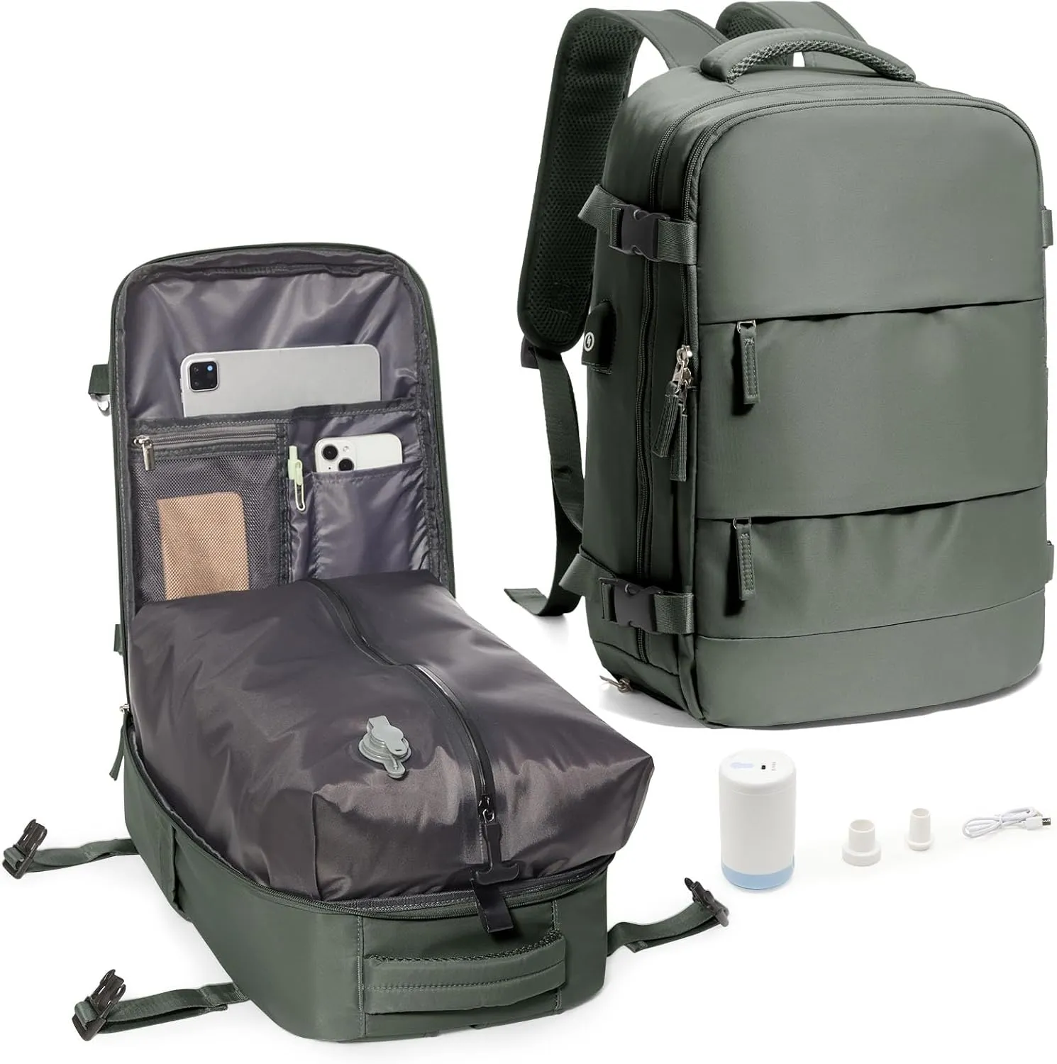 suwasp Vacuum Backpack Travel with Electric Vacpack Pump, Vacuum Compression Bags Travel Backpack for Women Men, Flight Approved Waterproof Carry on Backpacks Laptop Work Weekender Daypack, Green