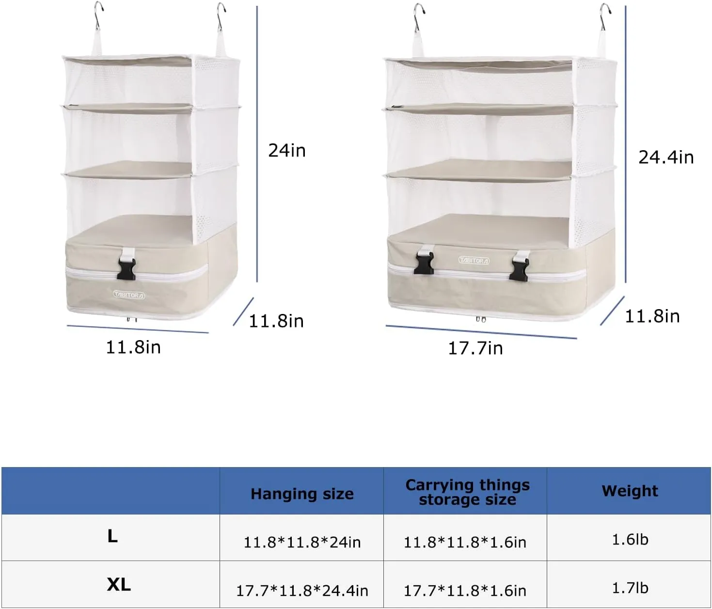 TABITORA Portable Hanging Travel Shelves Bag Packing Cube Organizer Suitcase Storage Large Capacity (Cream white XL)