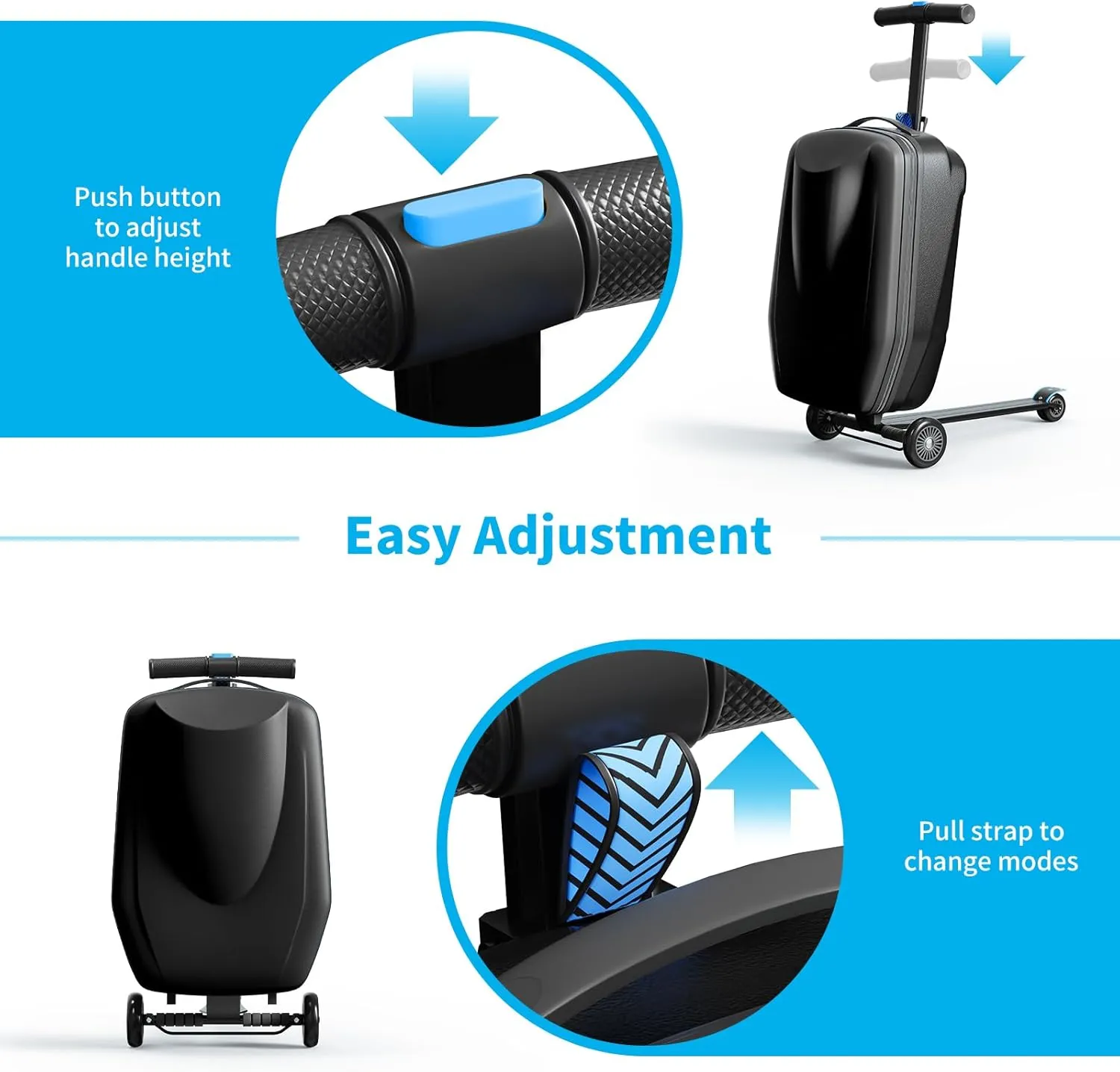 TABU 21" 3-D Hardshell Scooter Suitcase for Kid & Adult, Foldable Carry-on Scooter Luggage for Age 4-15, Multifunctional Ride On Lightweight Luggage with Telescopic Handle, Black