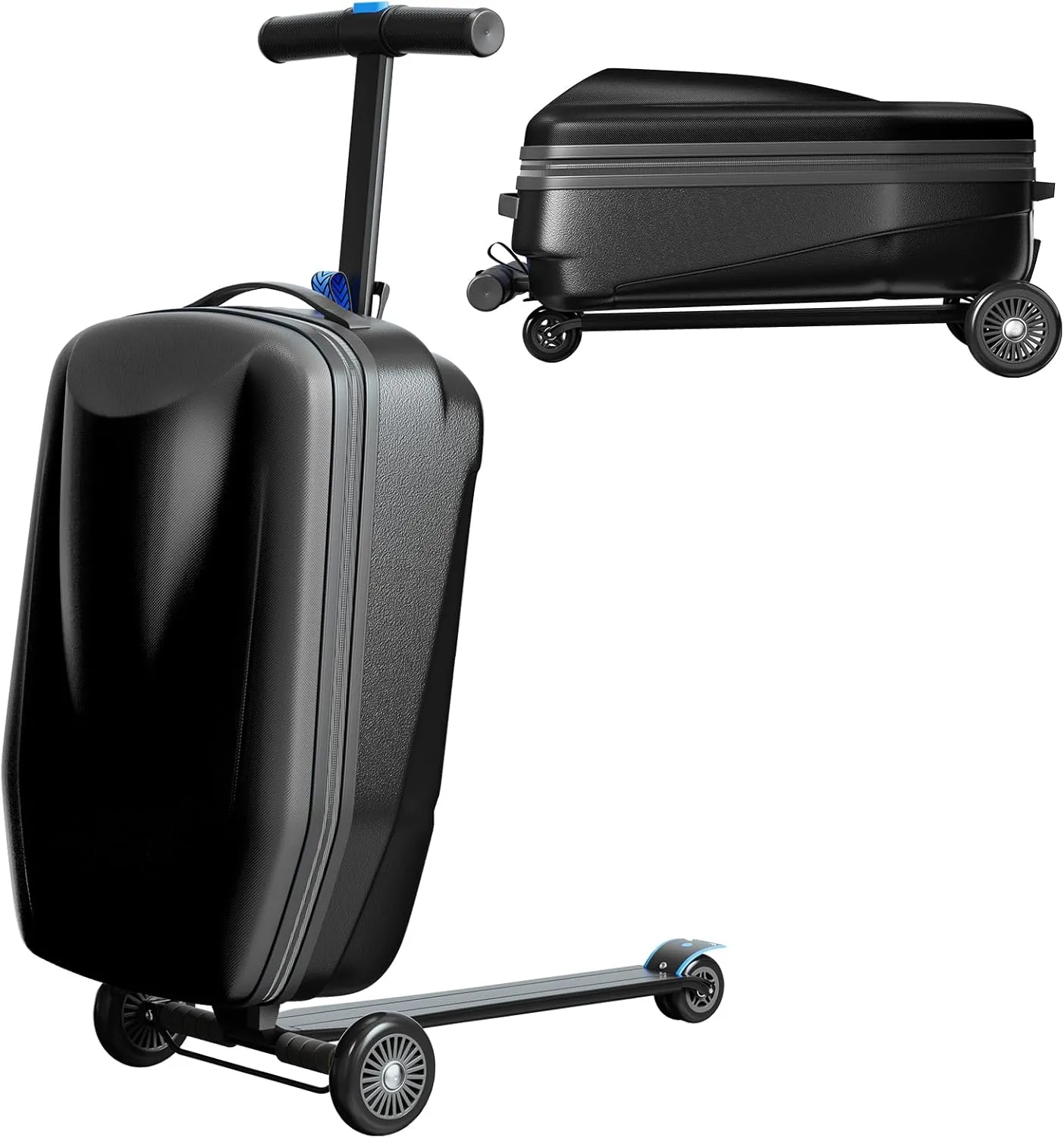 TABU 21" 3-D Hardshell Scooter Suitcase for Kid & Adult, Foldable Carry-on Scooter Luggage for Age 4-15, Multifunctional Ride On Lightweight Luggage with Telescopic Handle, Black