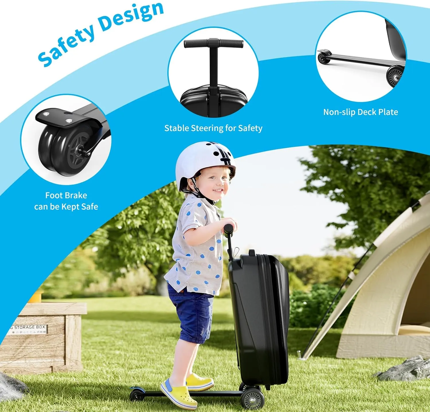TABU 21" 3-D Hardshell Scooter Suitcase for Kid & Adult, Foldable Carry-on Scooter Luggage for Age 4-15, Multifunctional Ride On Lightweight Luggage with Telescopic Handle, Black