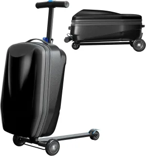 TABU 21" 3-D Hardshell Scooter Suitcase for Kid & Adult, Foldable Carry-on Scooter Luggage for Age 4-15, Multifunctional Ride On Lightweight Luggage with Telescopic Handle, Black