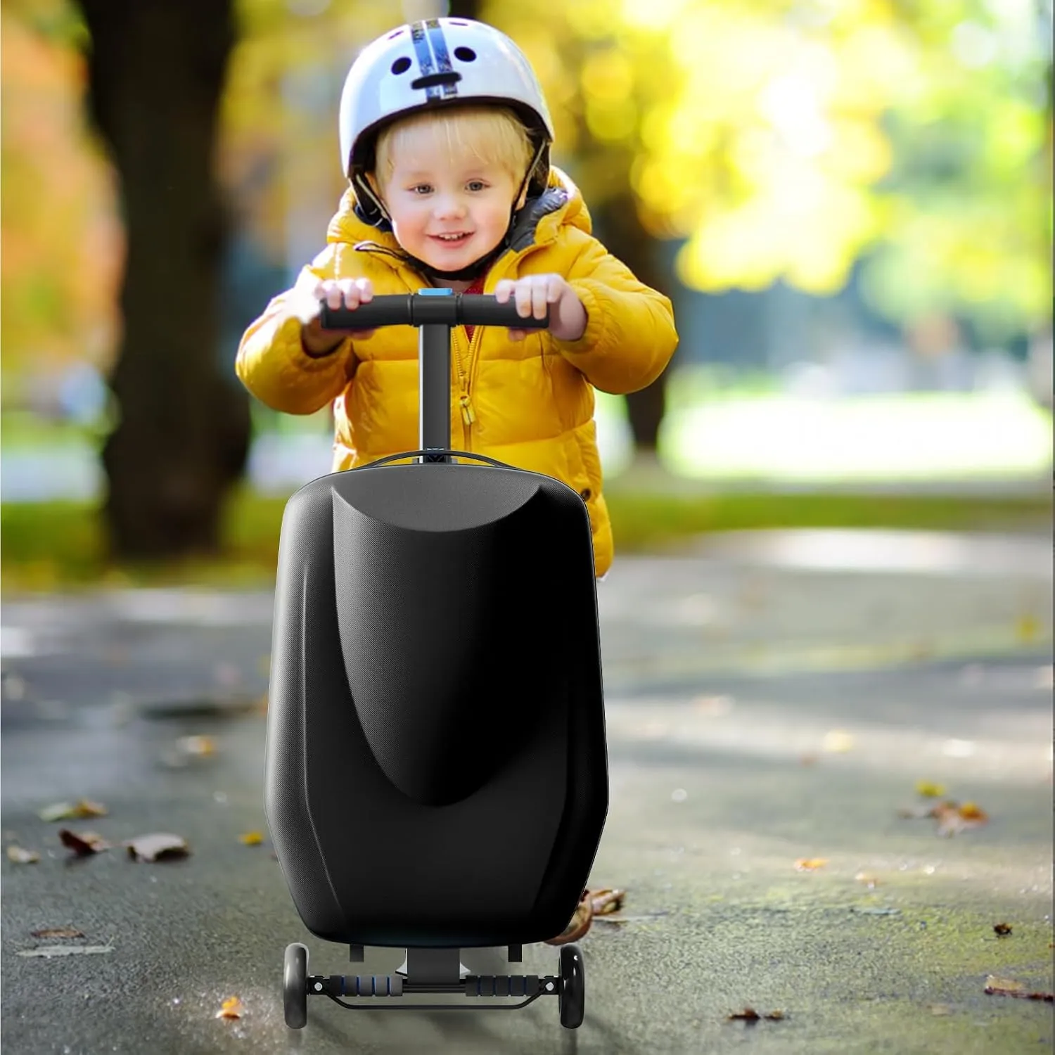 TABU 21" 3-D Hardshell Scooter Suitcase for Kid & Adult, Foldable Carry-on Scooter Luggage for Age 4-15, Multifunctional Ride On Lightweight Luggage with Telescopic Handle, Black
