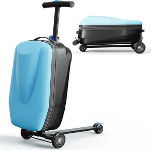 TABU 21" 3-D Hardshell Scooter Suitcase for Kid & Adult, Foldable Carry-on Scooter Luggage for Age 4-15, Multifunctional Ride On Lightweight Luggage with Telescopic Handle, Light Blue