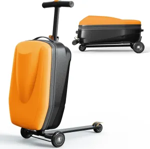 TABU 21" 3-D Hardshell Scooter Suitcase for Kid & Adult, Foldable Carry-on Scooter Luggage for Age 4-15, Multifunctional Ride On Lightweight Luggage with Telescopic Handle, Orange