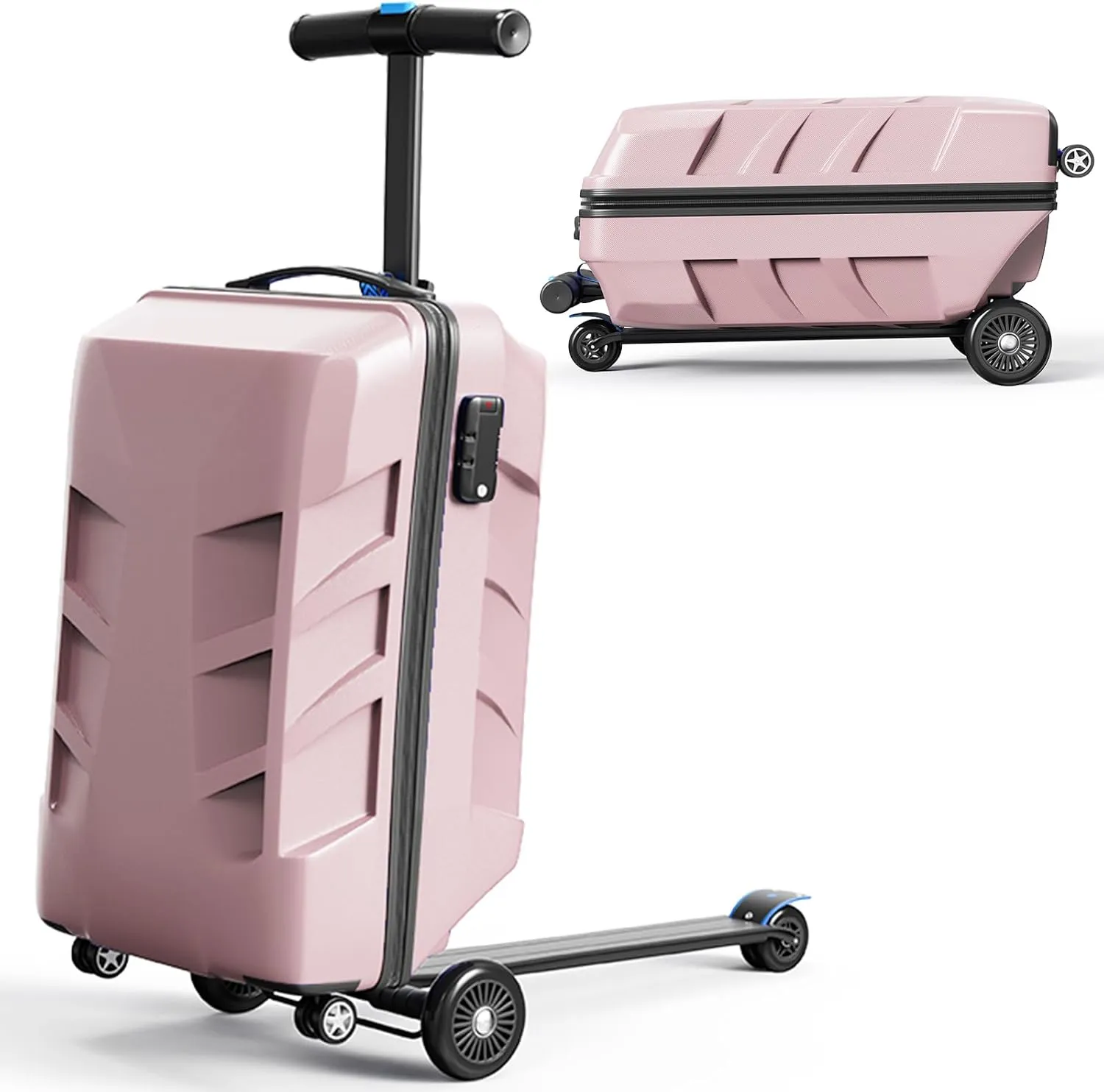 TABU 21" 3-D Hardshell Scooter Suitcase for Kid & Adult, Foldable Carry-on Scooter Luggage with Telescopic Handle, Multifunctional Ride On Lightweight Luggage for Age 4-15, Rose Gold