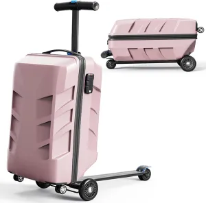 TABU 21" 3-D Hardshell Scooter Suitcase for Kid & Adult, Foldable Carry-on Scooter Luggage with Telescopic Handle, Multifunctional Ride On Lightweight Luggage for Age 4-15, Rose Gold