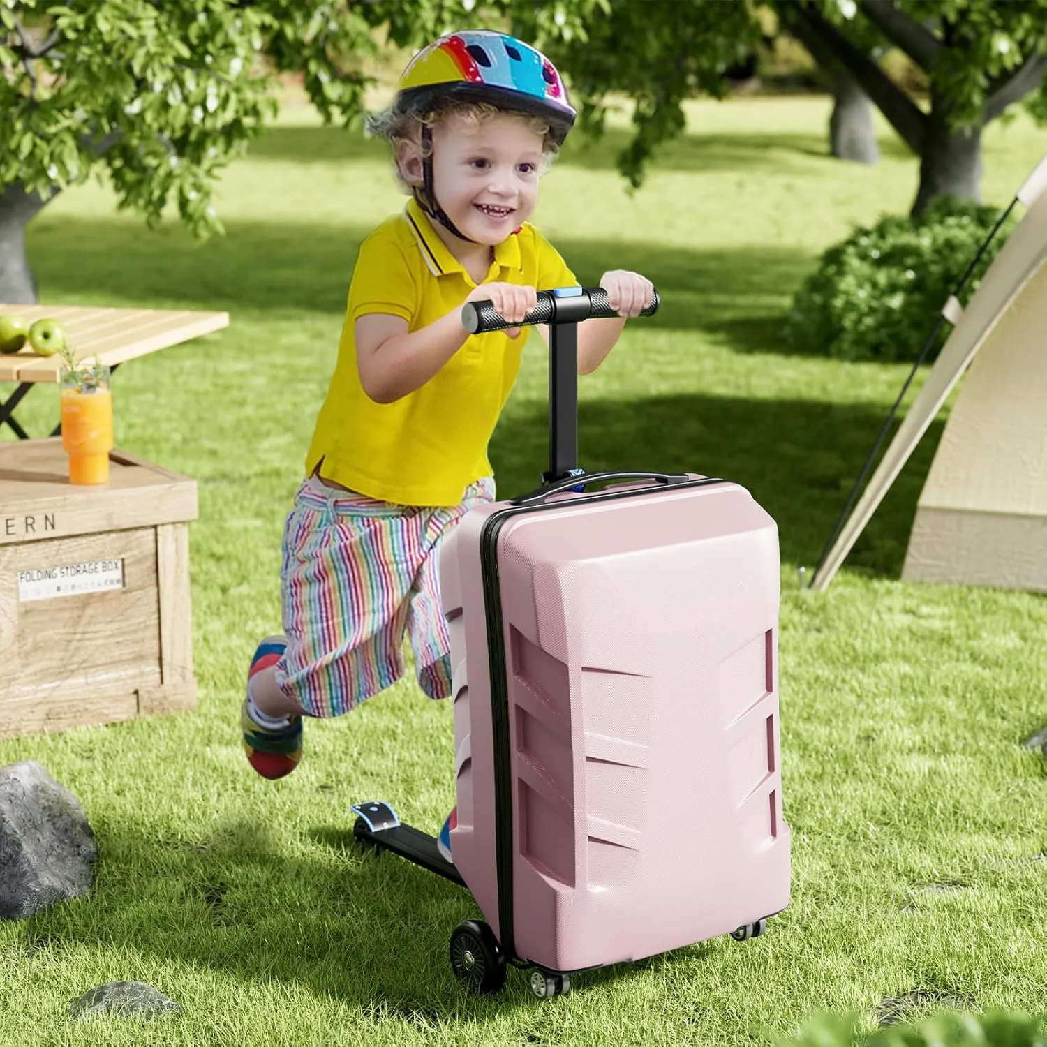 TABU 21" 3-D Hardshell Scooter Suitcase for Kid & Adult, Foldable Carry-on Scooter Luggage with Telescopic Handle, Multifunctional Ride On Lightweight Luggage for Age 4-15, Rose Gold