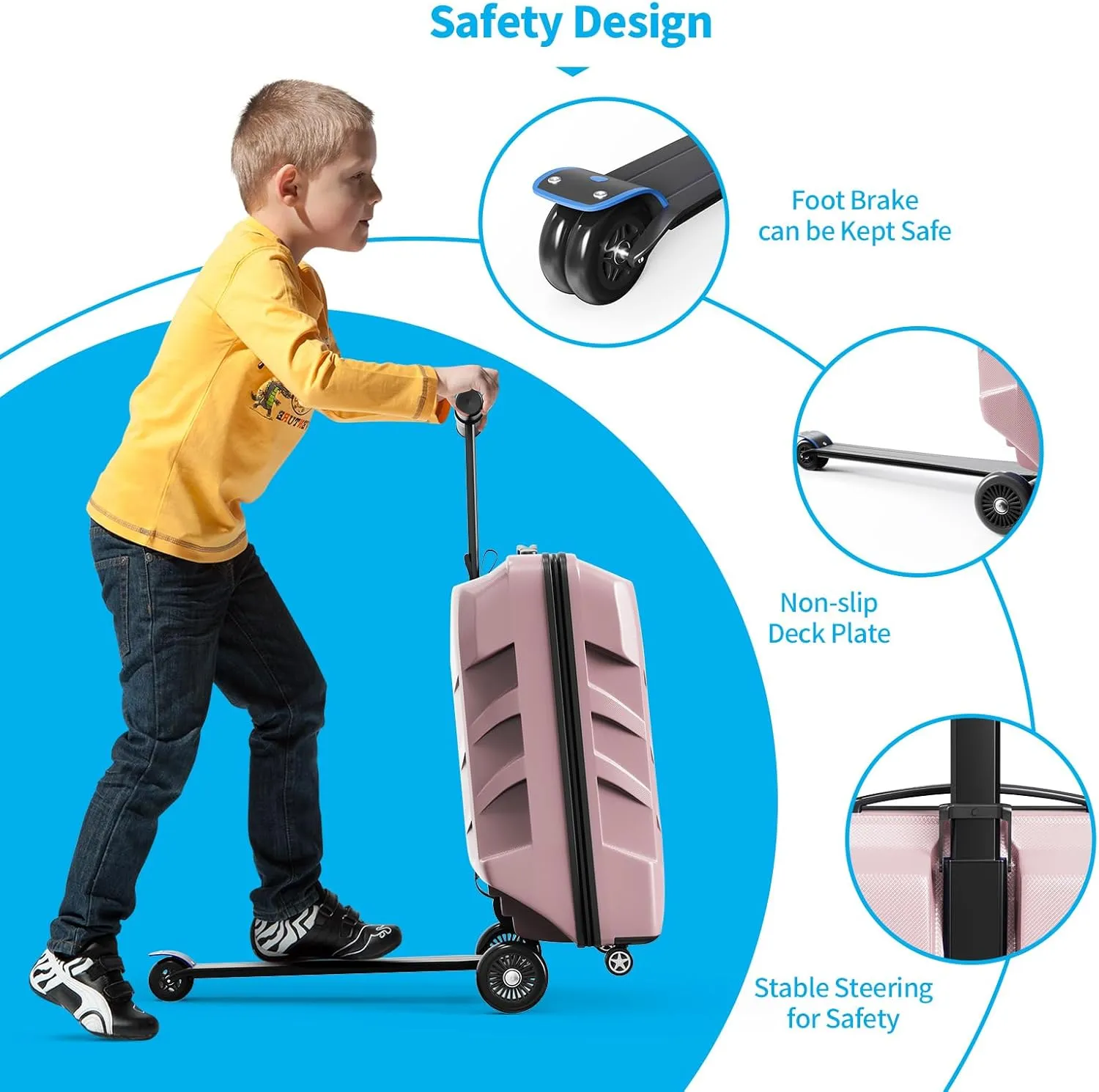 TABU 21" 3-D Hardshell Scooter Suitcase for Kid & Adult, Foldable Carry-on Scooter Luggage with Telescopic Handle, Multifunctional Ride On Lightweight Luggage for Age 4-15, Rose Gold