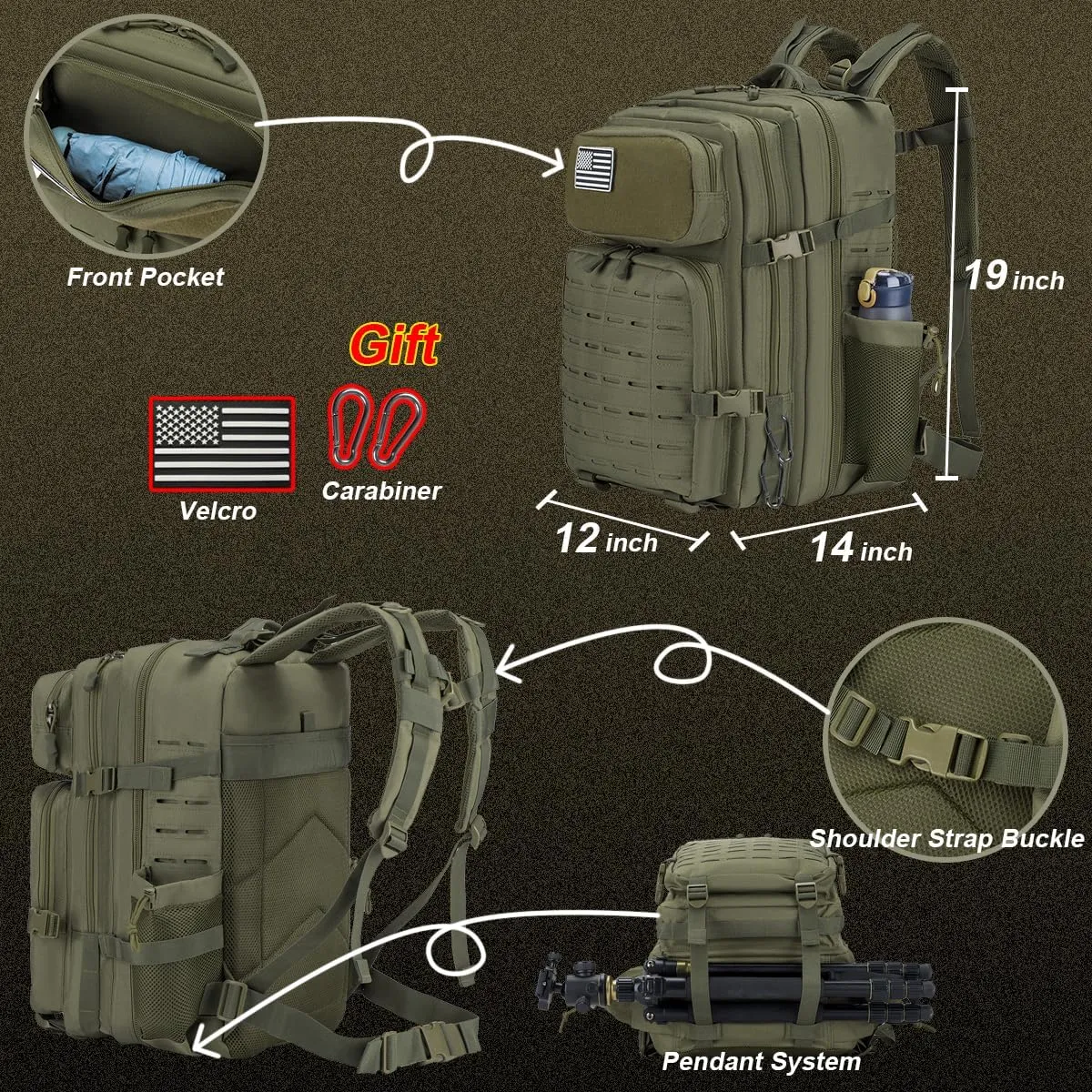 Tactical Military Backpack for Man, 45L Waterproof Army Pack Rucksack Hiking Laptop Backpack 3 Day Bug Out Bag, Includes Two Flags and Two Carabiner