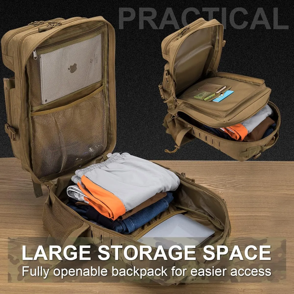 Tactical Military Backpack for Man, 45L Waterproof Army Pack Rucksack Hiking Laptop Backpack 3 Day Bug Out Bag, Includes Two Flags and Two Carabiner