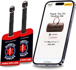 tag8 Diabetic Supplies Medical Luggage Tag | Bag tag for Medical Alert, Insulin Medical Equipment | Airline Compliant, SITA World Tracer Code Enabled | Gift idea - Pack 2