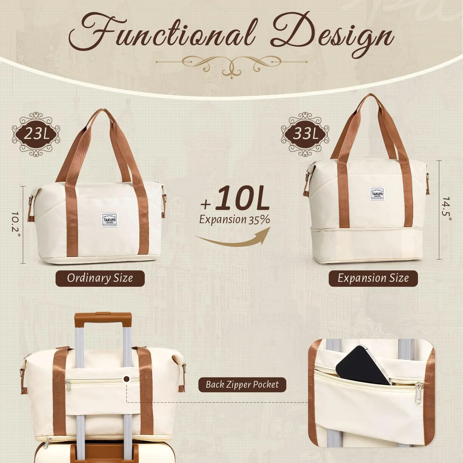 TAKUMI Luggage Set 5 Piece with Duffel Bag ABS Hardshell Suitcase Set with Double Spinner Wheels Travel Lugagge with TSA Lock Lightweight Carry On Suitcase (WHITE BROWN, 5 PIECE SET)