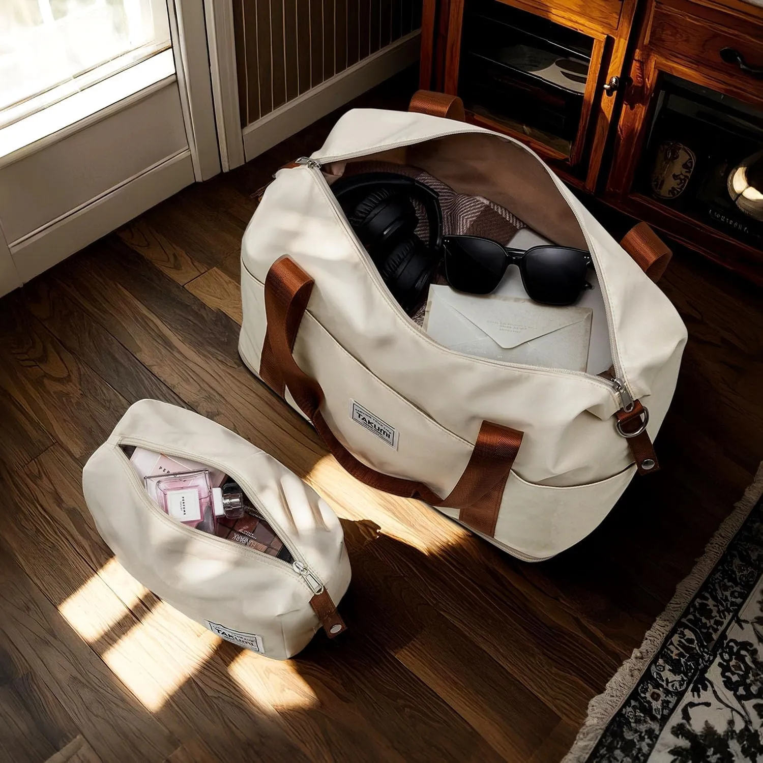 TAKUMI Luggage Set 5 Piece with Duffel Bag ABS Hardshell Suitcase Set with Double Spinner Wheels Travel Lugagge with TSA Lock Lightweight Carry On Suitcase (WHITE BROWN, 5 PIECE SET)