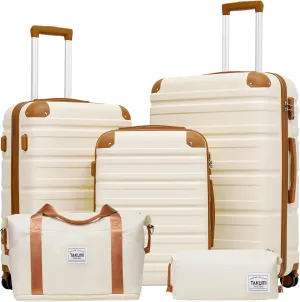 TAKUMI Luggage Set 5 Piece with Duffel Bag ABS Hardshell Suitcase Set with Double Spinner Wheels Travel Lugagge with TSA Lock Lightweight Carry On Suitcase (WHITE BROWN, 5 PIECE SET)