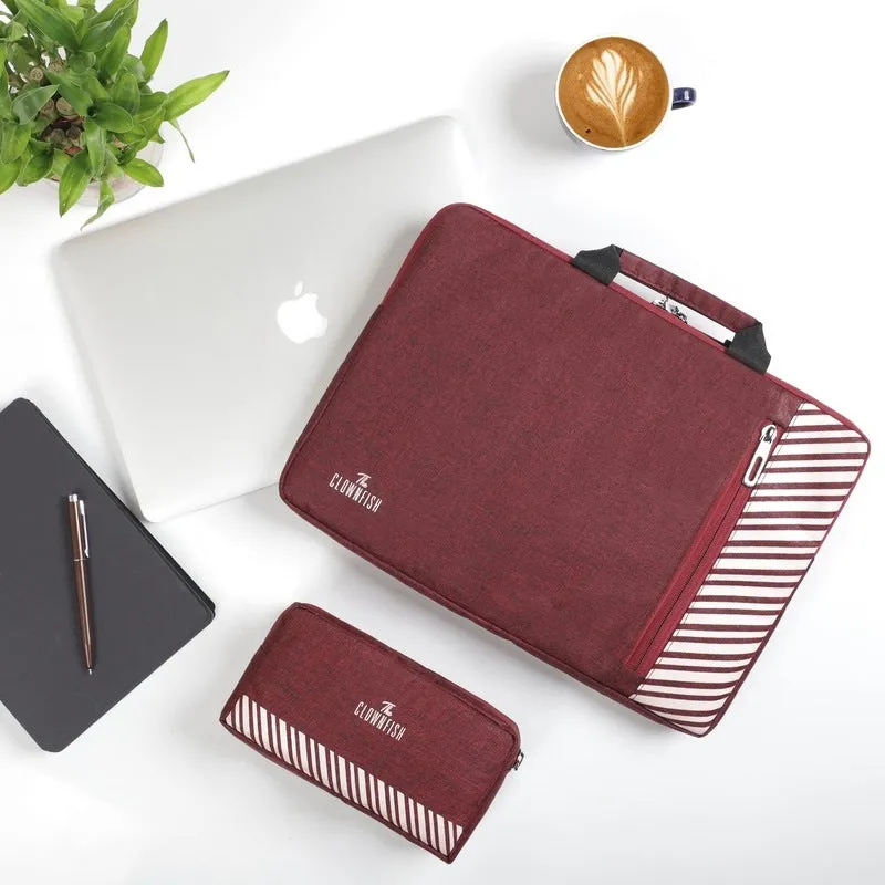 THE CLOWNFISH Unisex Combo Of Rex Series Polyester 14 Inch Laptop Sleeve With Comfortable Carry Handle & Scholar Series Multipurpose Polyester Travel Pouch Pencil Case Toiletry Bag (Maroon)