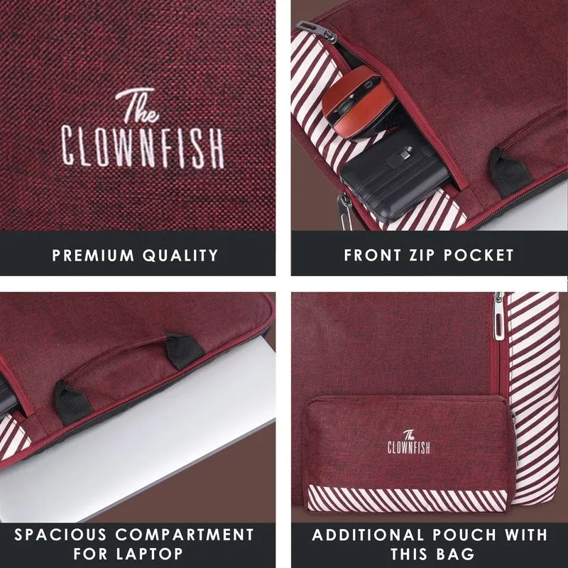 THE CLOWNFISH Unisex Combo Of Rex Series Polyester 14 Inch Laptop Sleeve With Comfortable Carry Handle & Scholar Series Multipurpose Polyester Travel Pouch Pencil Case Toiletry Bag (Maroon)
