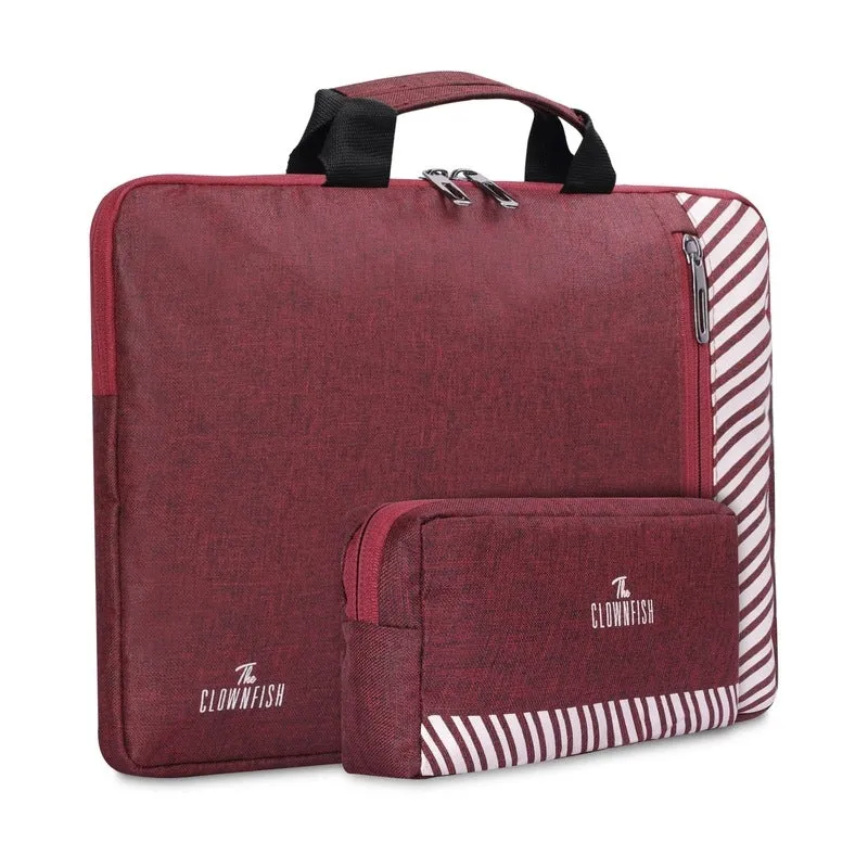 THE CLOWNFISH Unisex Combo Of Rex Series Polyester 14 Inch Laptop Sleeve With Comfortable Carry Handle & Scholar Series Multipurpose Polyester Travel Pouch Pencil Case Toiletry Bag (Maroon)