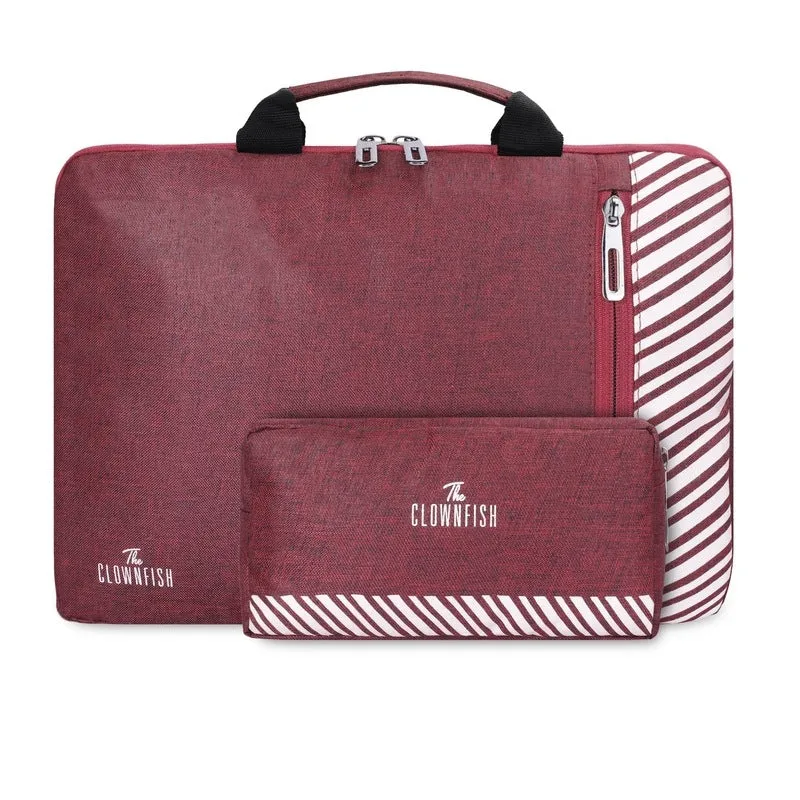 THE CLOWNFISH Unisex Combo Of Rex Series Polyester 14 Inch Laptop Sleeve With Comfortable Carry Handle & Scholar Series Multipurpose Polyester Travel Pouch Pencil Case Toiletry Bag (Maroon)