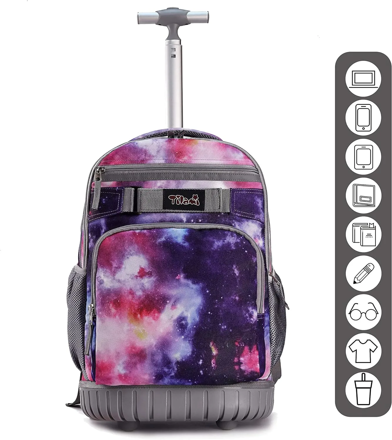 Tilami Rolling Backpack 18 inch with Pencil Case Wheeled Laptop Bag, Galaxy Purple