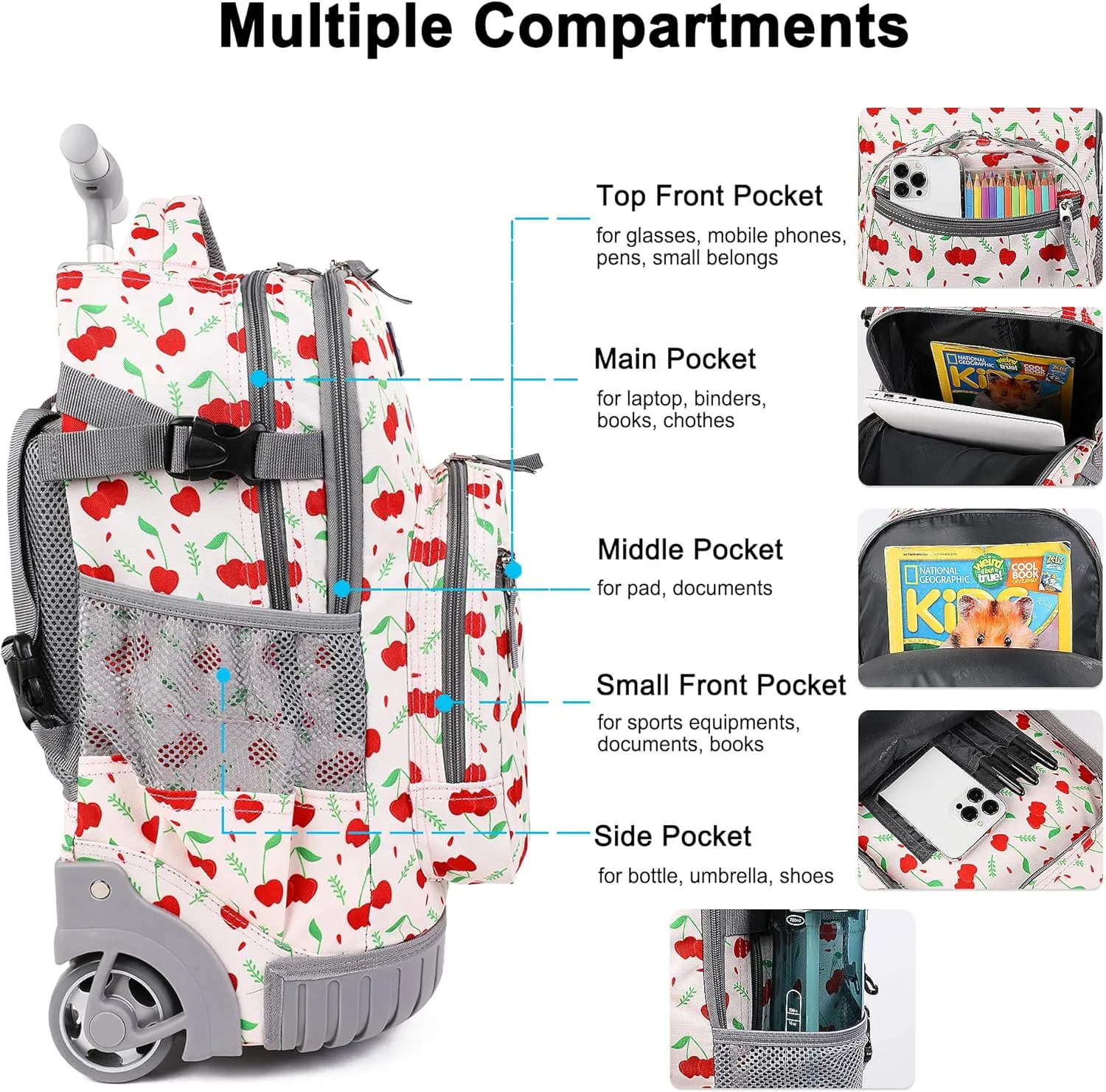 Tilami Rolling Backpack, 19 inch Shoulder Drop, Concealed Pockets and Wheel Cover, Laptop Backpack for Boys and Girls, Cherry Pink