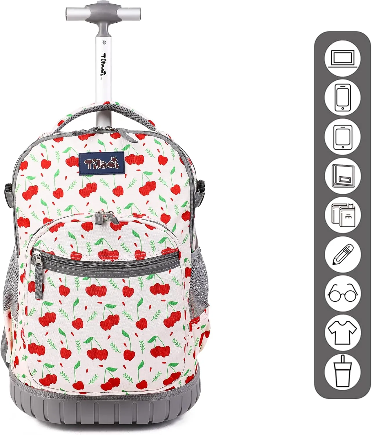 Tilami Rolling Backpack, 19 inch Shoulder Drop, Concealed Pockets and Wheel Cover, Laptop Backpack for Boys and Girls, Cherry Pink