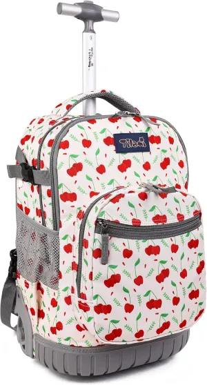 Tilami Rolling Backpack, 19 inch Shoulder Drop, Concealed Pockets and Wheel Cover, Laptop Backpack for Boys and Girls, Cherry Pink