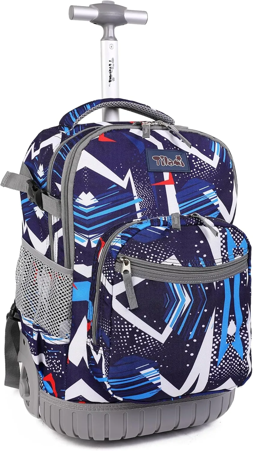 Tilami Rolling Backpack, 19 inch Shoulder Drop, Concealed Pockets and Wheel Cover, Laptop Backpack for Boys and Girls, Lightening Blue