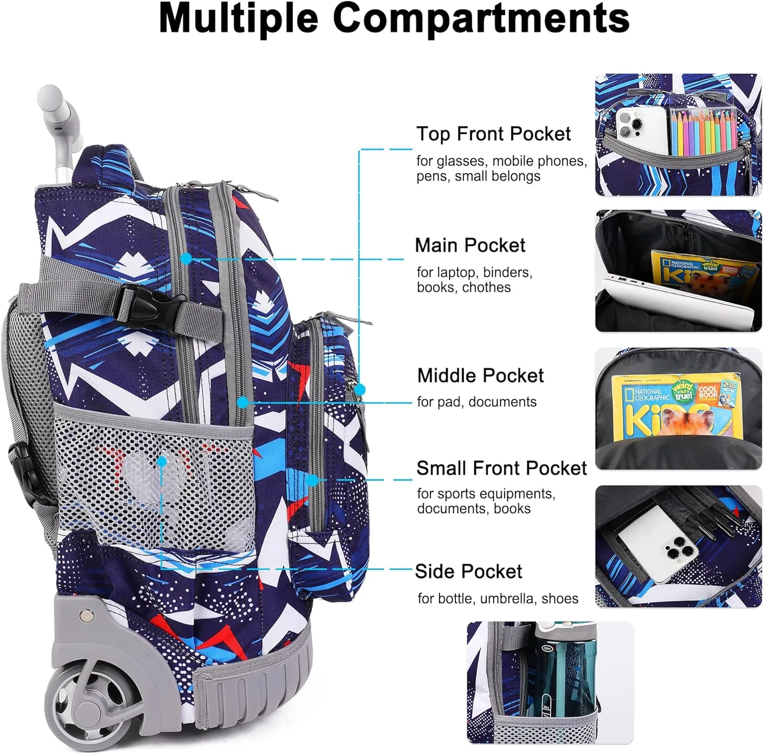 Tilami Rolling Backpack, 19 inch Shoulder Drop, Concealed Pockets and Wheel Cover, Laptop Backpack for Boys and Girls, Lightening Blue
