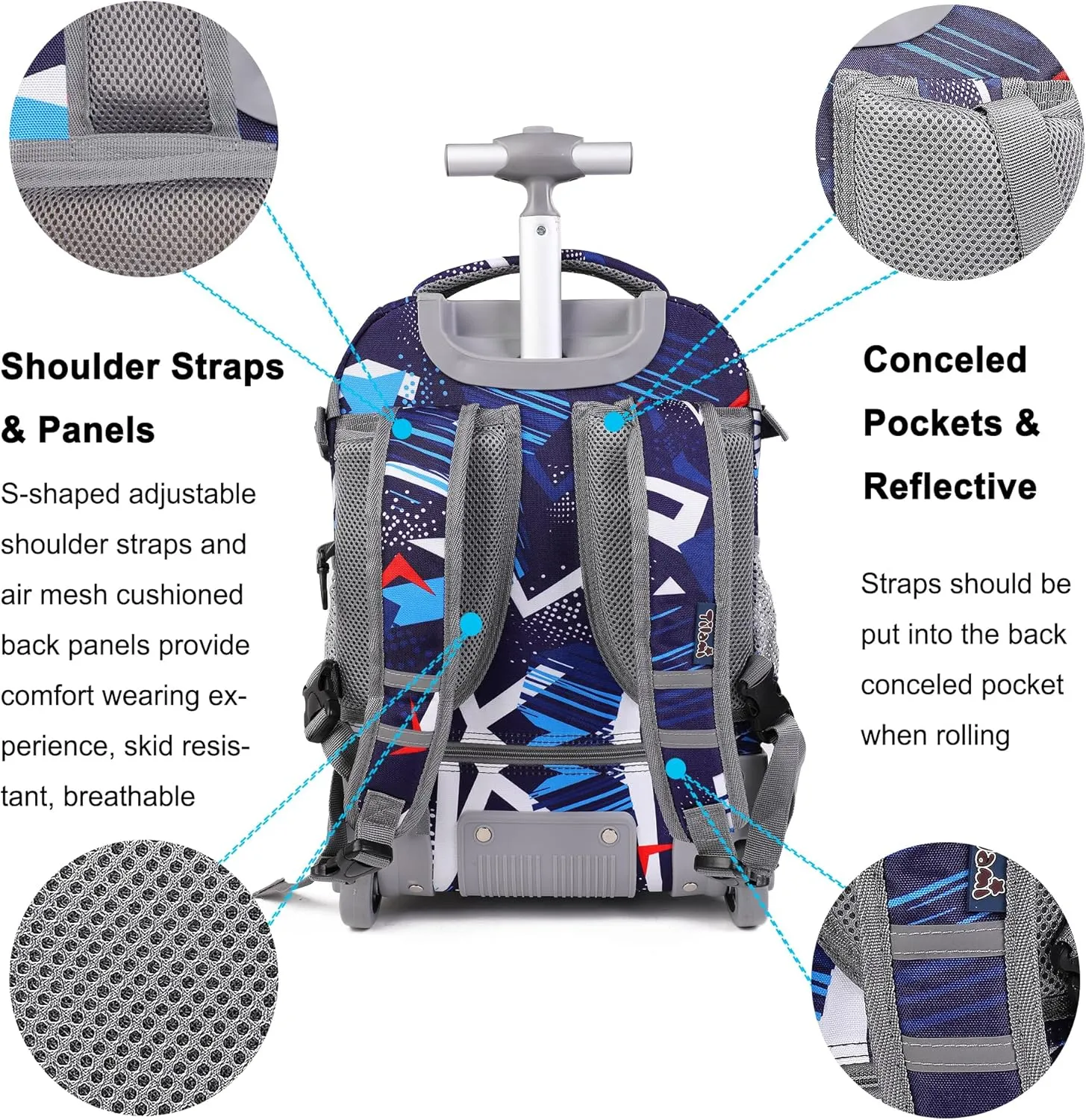 Tilami Rolling Backpack, 19 inch Shoulder Drop, Concealed Pockets and Wheel Cover, Laptop Backpack for Boys and Girls, Lightening Blue