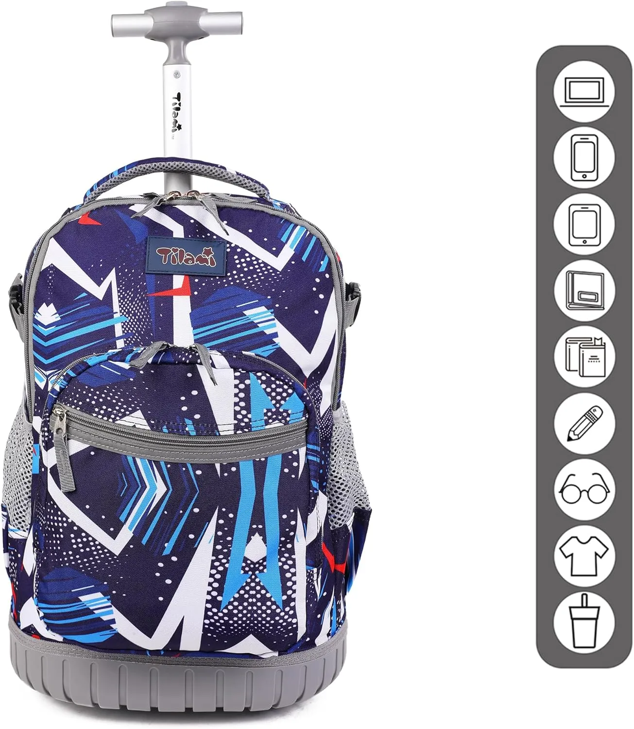 Tilami Rolling Backpack, 19 inch Shoulder Drop, Concealed Pockets and Wheel Cover, Laptop Backpack for Boys and Girls, Lightening Blue