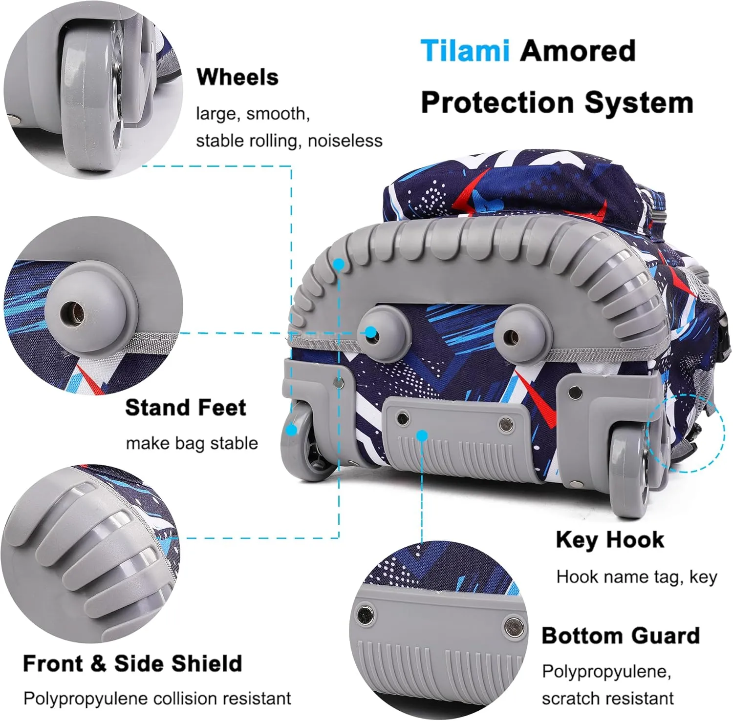 Tilami Rolling Backpack, 19 inch Shoulder Drop, Concealed Pockets and Wheel Cover, Laptop Backpack for Boys and Girls, Lightening Blue