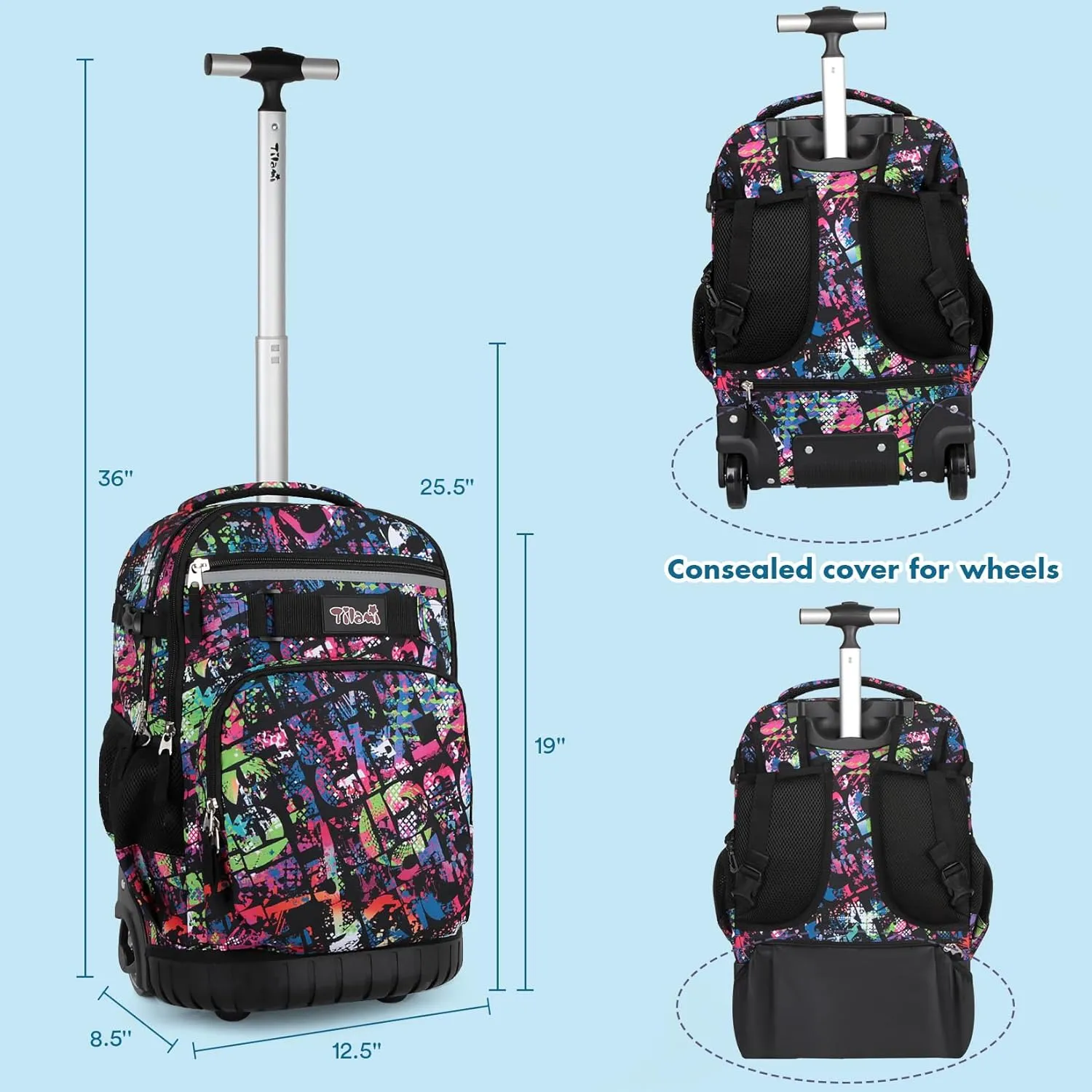 Tilami Rolling Backpack & Lunch bag for Kids 19 Inch Wheeled Bookbag for Boys & Girls for School & Travel,Colorful red