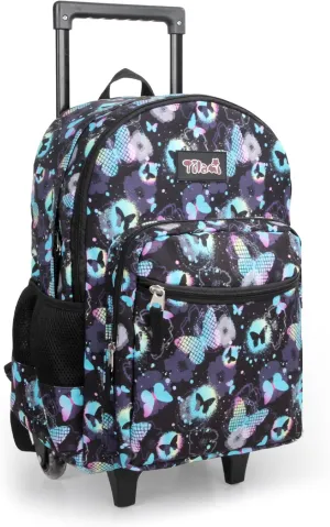 Tilami Rolling Backpack for Kids 18 Inch Double Handle Wheeled Bookbag for Boys & Girls for School & Travel,Butterfly