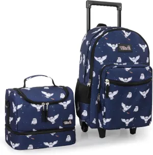 Tilami Rolling Backpack for Kids 18 Inch Double Handle Wheeled Bookbag for Boys & Girls for School & Travel,Owls Blue