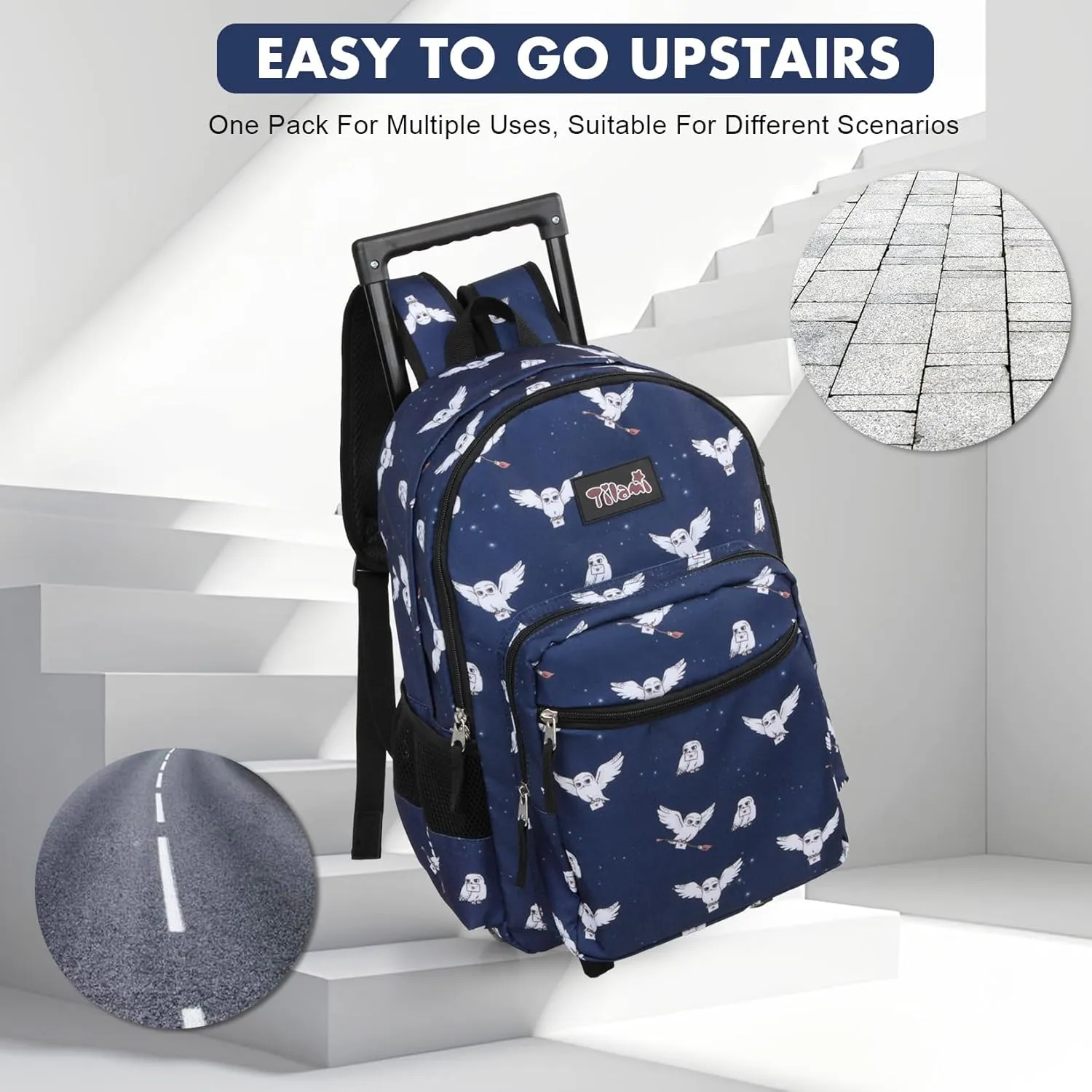 Tilami Rolling Backpack for Kids 18 Inch Double Handle Wheeled Bookbag for Boys & Girls for School & Travel,Owls Blue