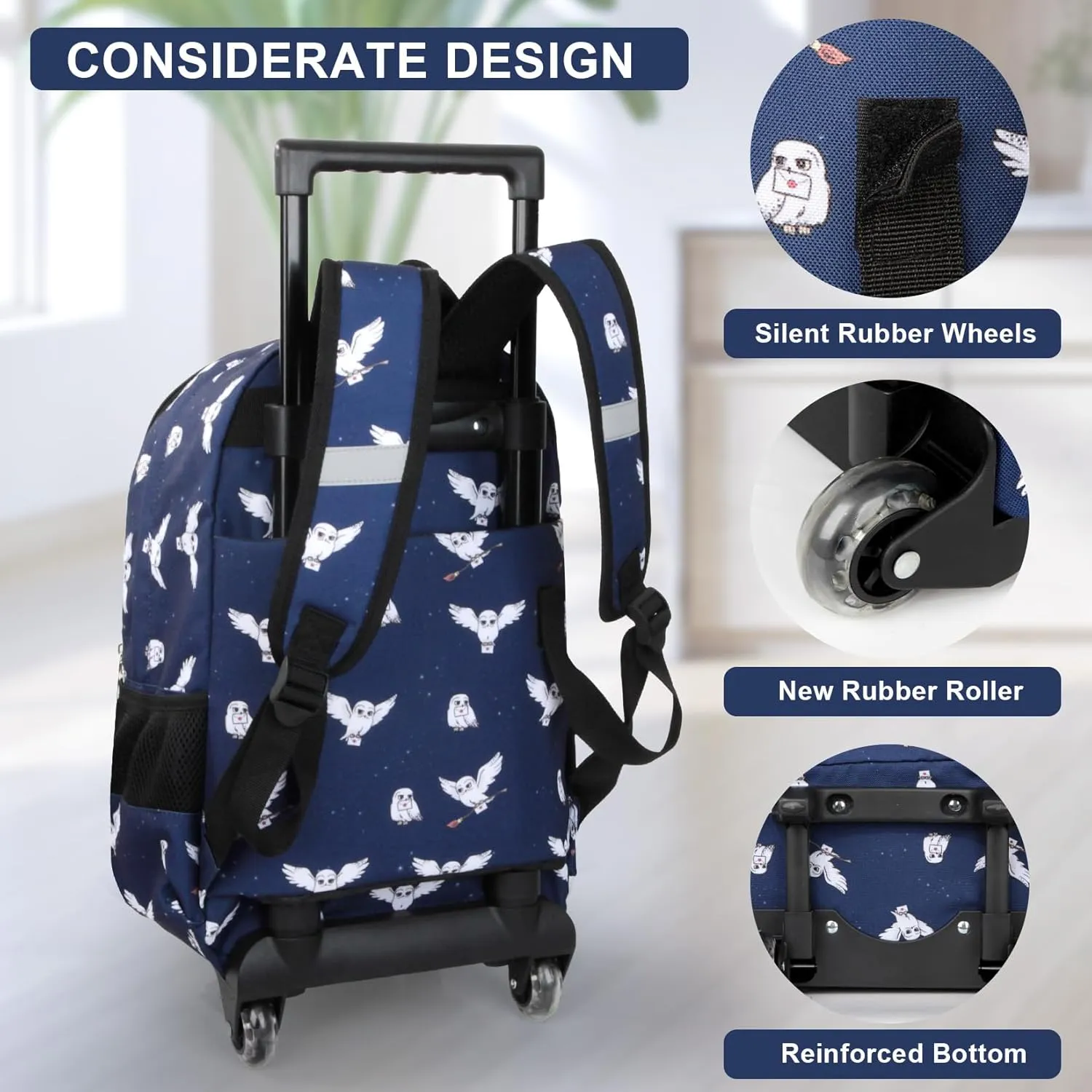 Tilami Rolling Backpack for Kids 18 Inch Double Handle Wheeled Bookbag for Boys & Girls for School & Travel,Owls Blue