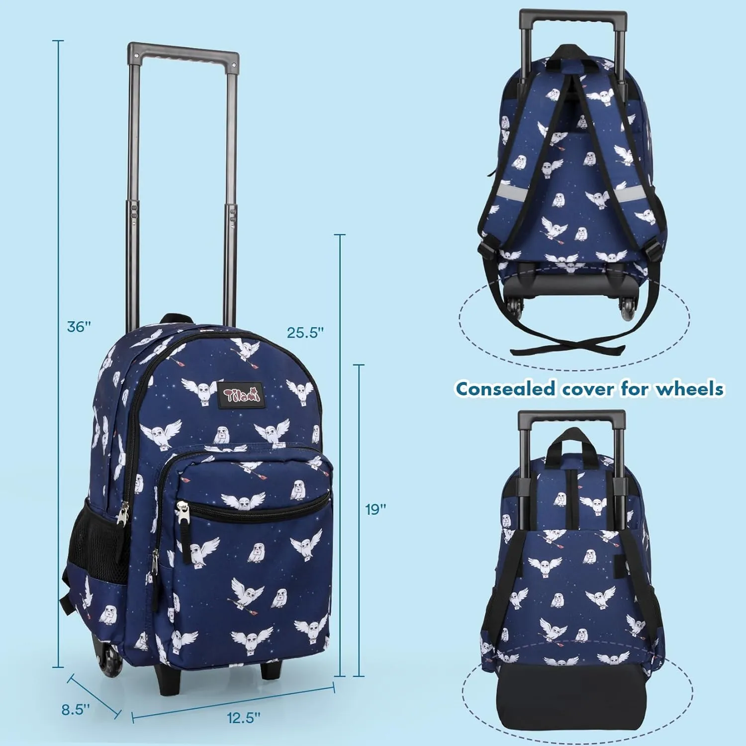 Tilami Rolling Backpack for Kids 18 Inch Double Handle Wheeled Bookbag for Boys & Girls for School & Travel,Owls Blue